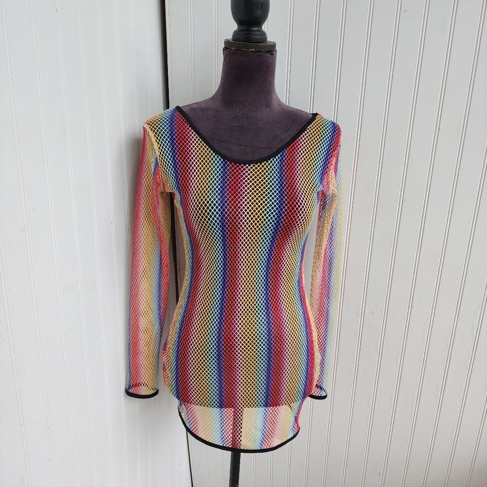 Uluwatu Color Mesh Netted See Through Beach Coverup Top Dress Long Sleeve Sz S